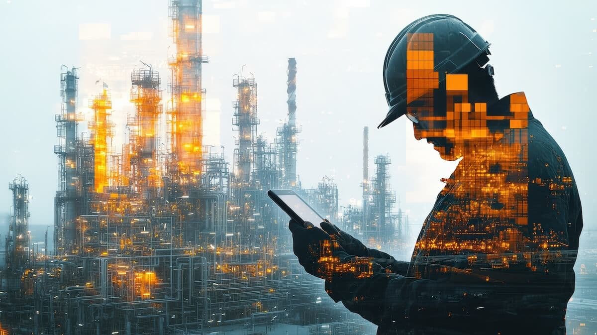 Silhouetted industrial engineer in a hard hat using a tablet in front of a large, complex refinery or chemical plant, with glowing orange digital data blocks overlaid to suggest smart, connected, and automated industrial operations.