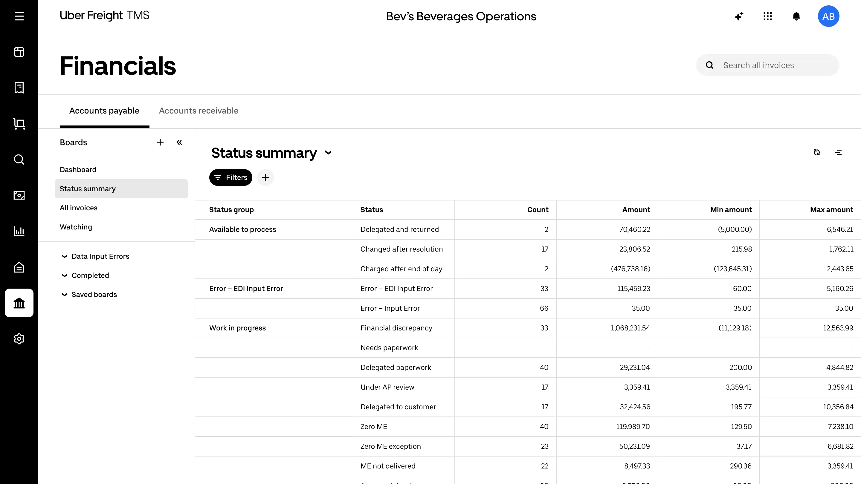 TMS Financials Software Screen